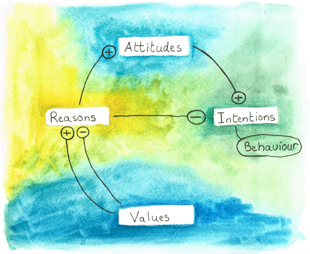 Values influence intentions through reasons (both for (+) and against (-) the installation of solar panels)