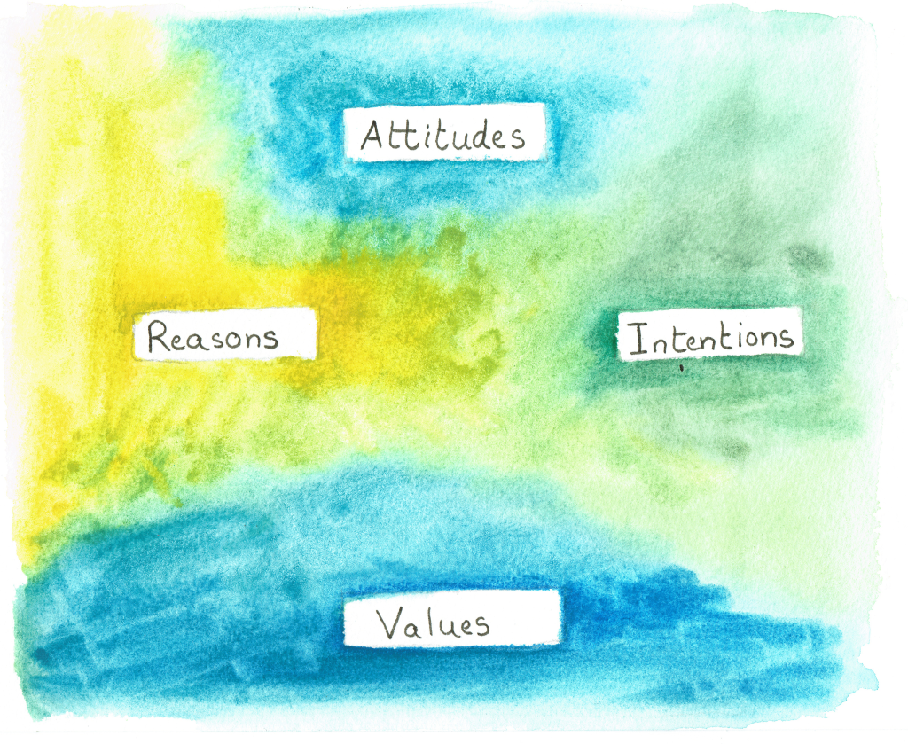 The four factors that infleunce whether or not a person installs solar panels are: Intention, Attitude, Reasons, and Values